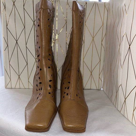 Predictions Square Toe 3 Inch Heeled Boots with Cutouts - Size 7 - Tan - Picture 6 of 11
